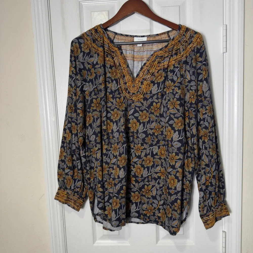 J. Jill‎ Floral Tunic Top Womens Large ECOVERO Viscose Cotton Boho Blouse